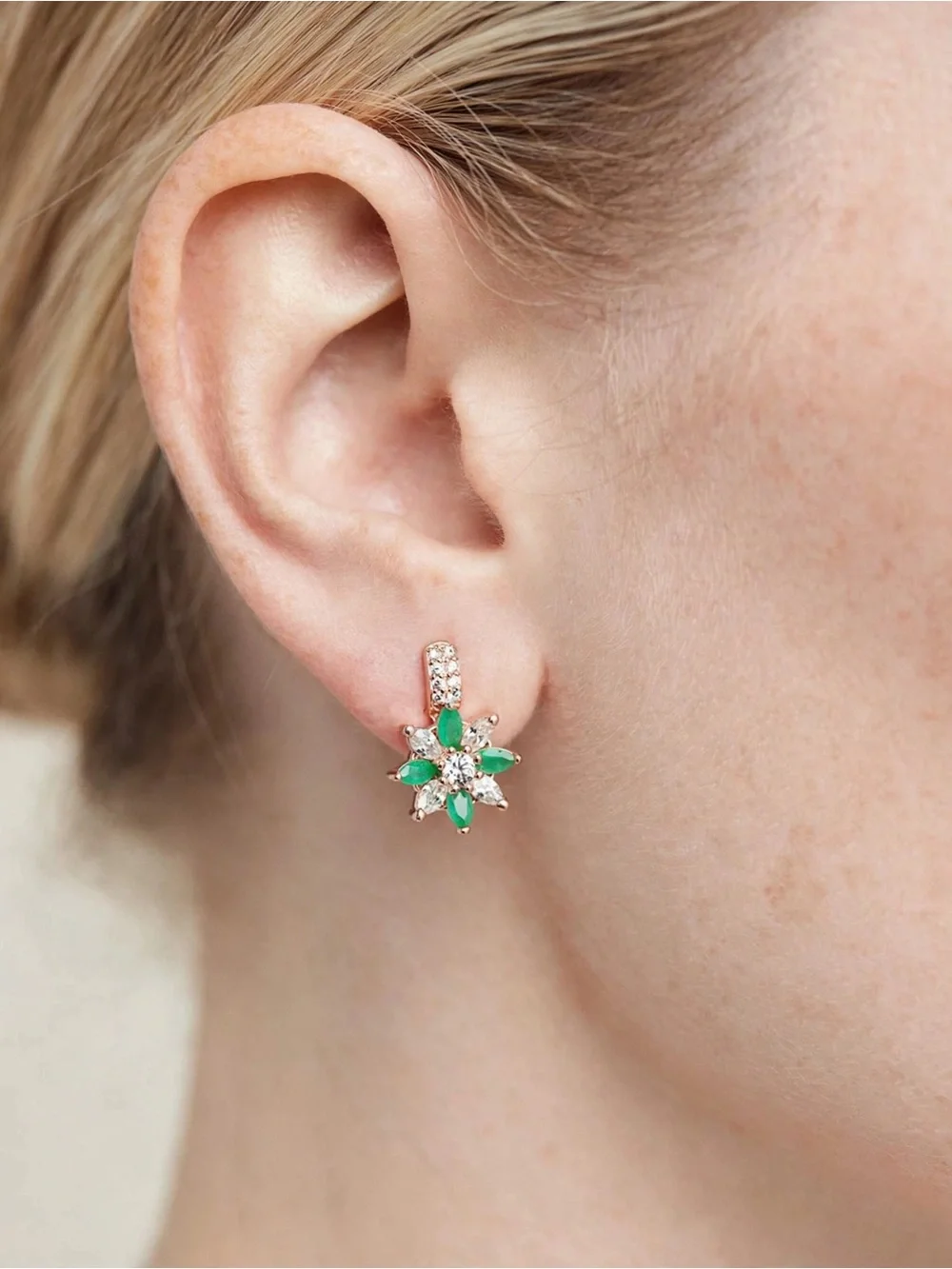 Rose Gold Floral Emerald & Clear Crystal Hoop Earrings